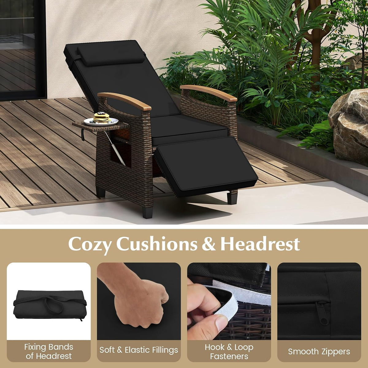 Black Wicker Patio Recliner Chair