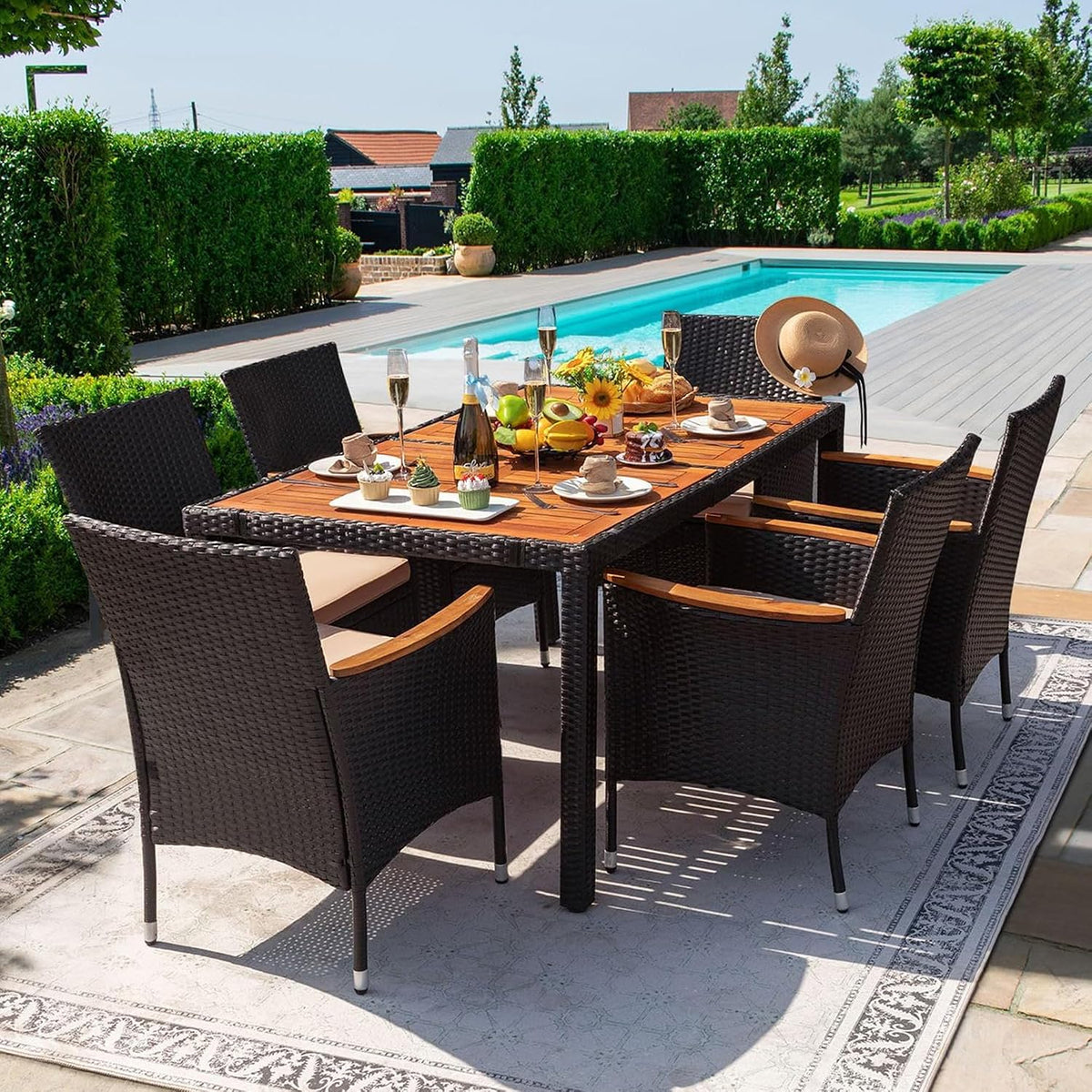 Black Rattan 7‑Piece Acacia Dining Set for 6