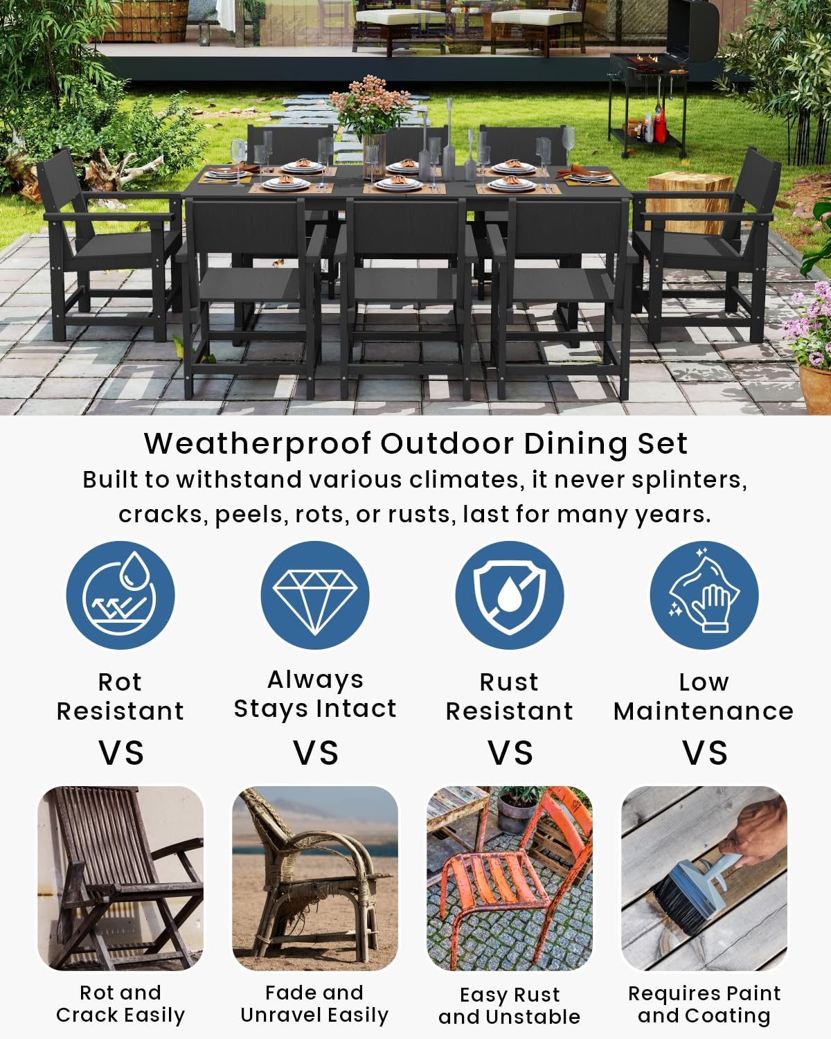 Black 9‑Piece HDPE Dining Set for 8