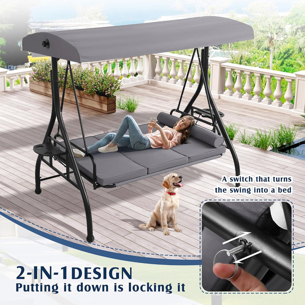Grey 3‑Person Convertible Patio Swing Bed