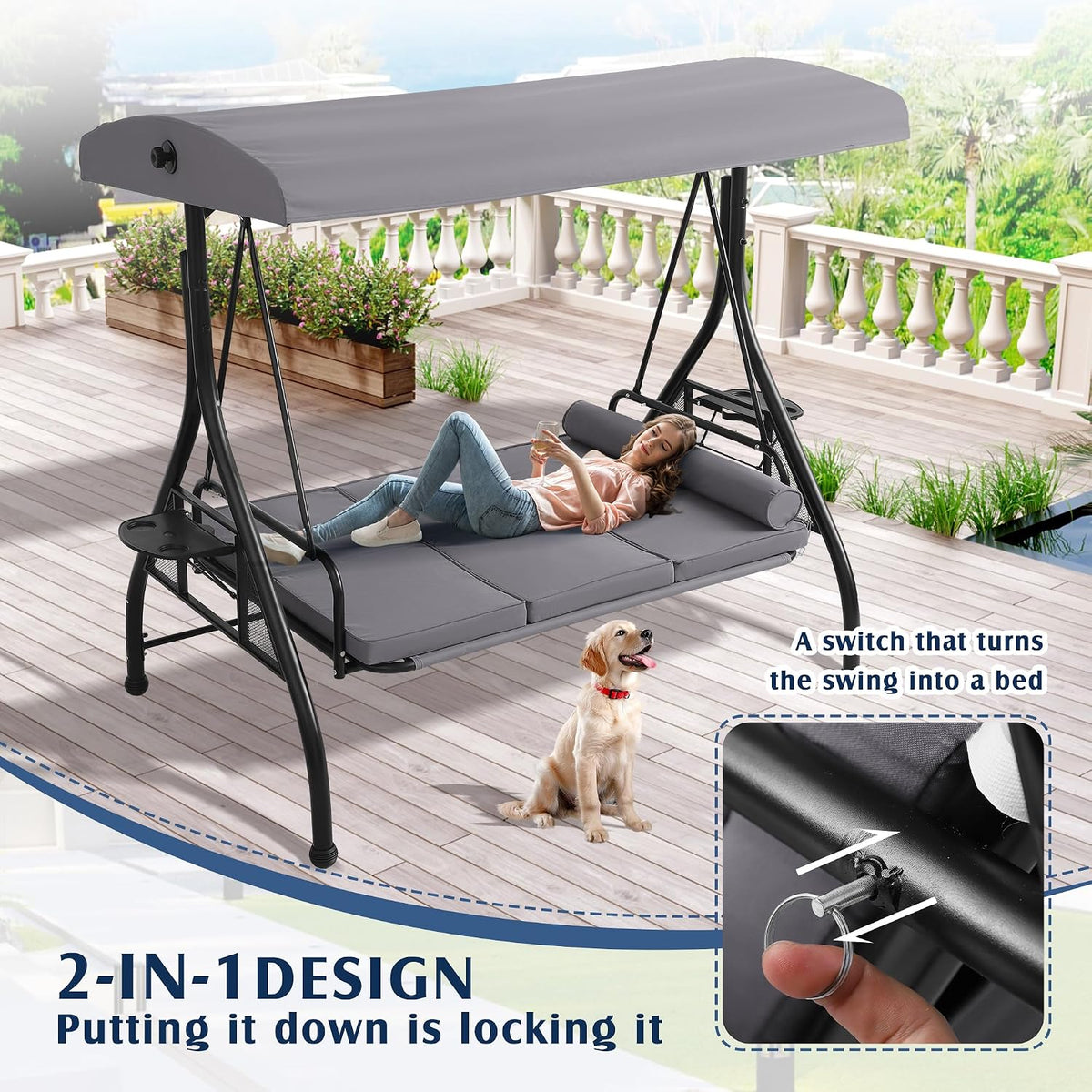 Grey 3‑Person Convertible Patio Swing Bed