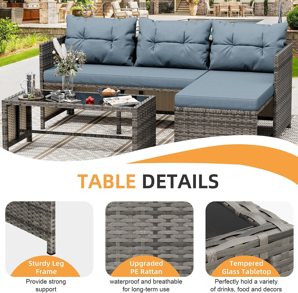 Blue‑Gray 3‑Piece Wicker Patio Set