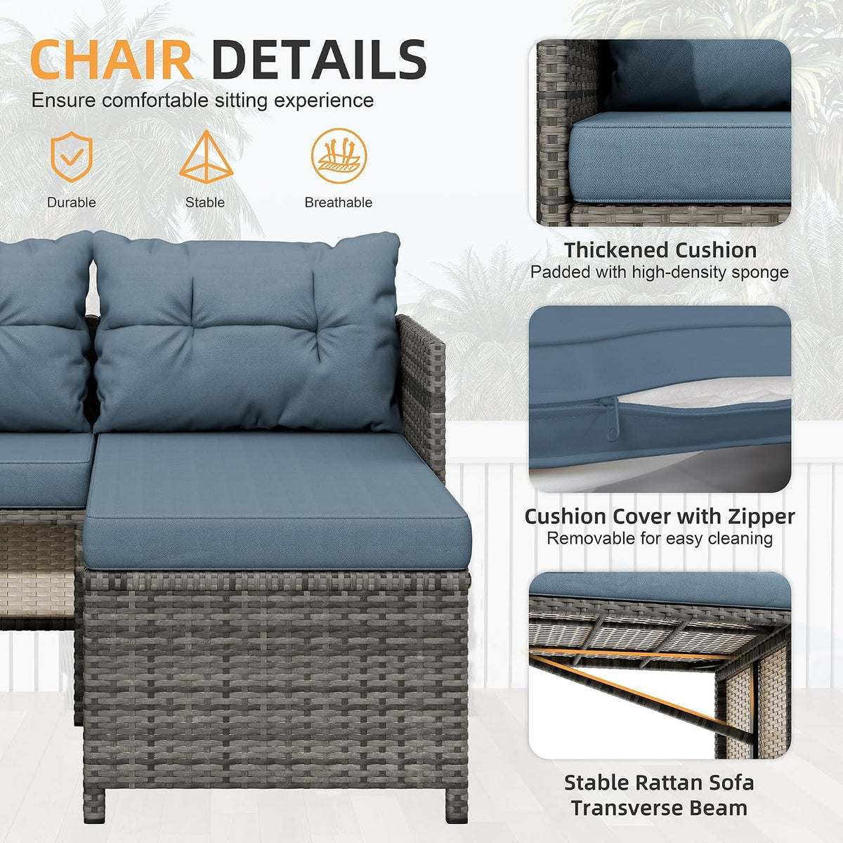 Blue‑Gray 3‑Piece Wicker Patio Set