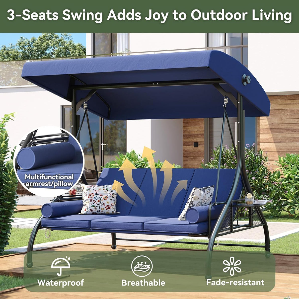Blue 3‑Seat Convertible Patio Swing Bed