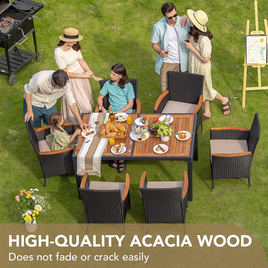 Black Rattan 7‑Piece Acacia Dining Set for 6