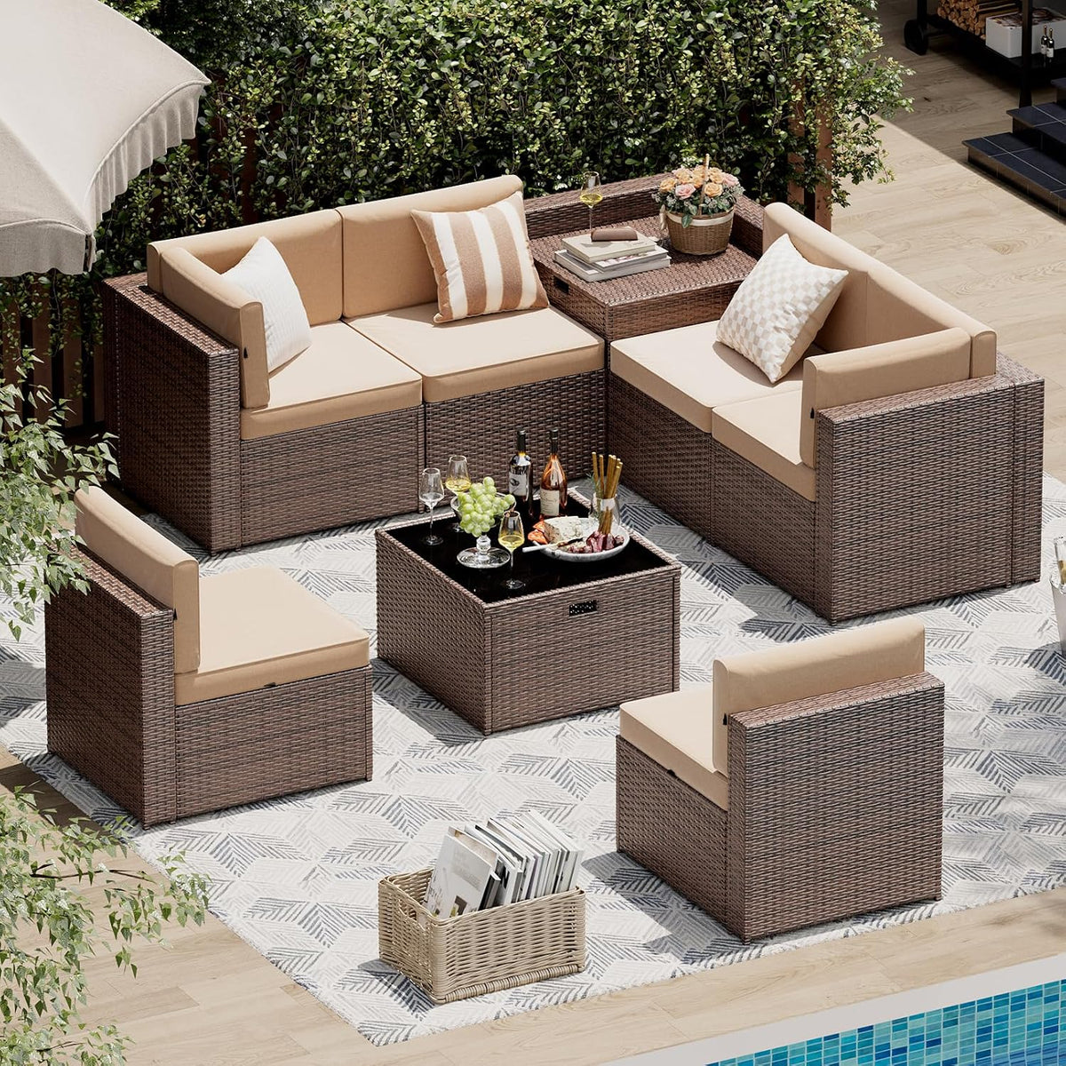 Brown/Khaki 8‑Piece Wicker Patio Set