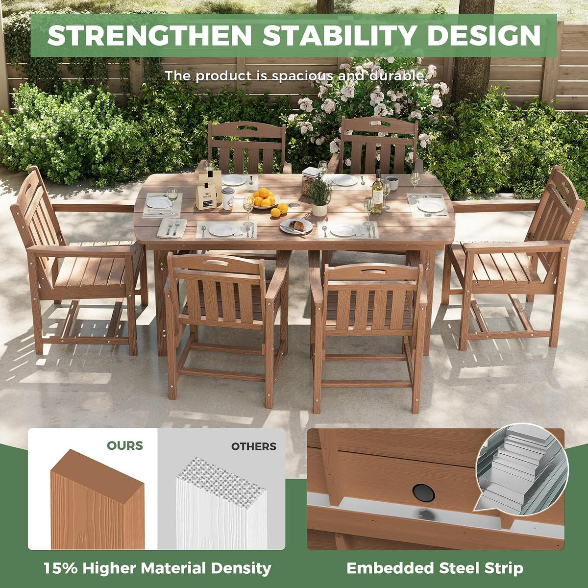 Teak 7‑Piece HDPE Patio Dining Set