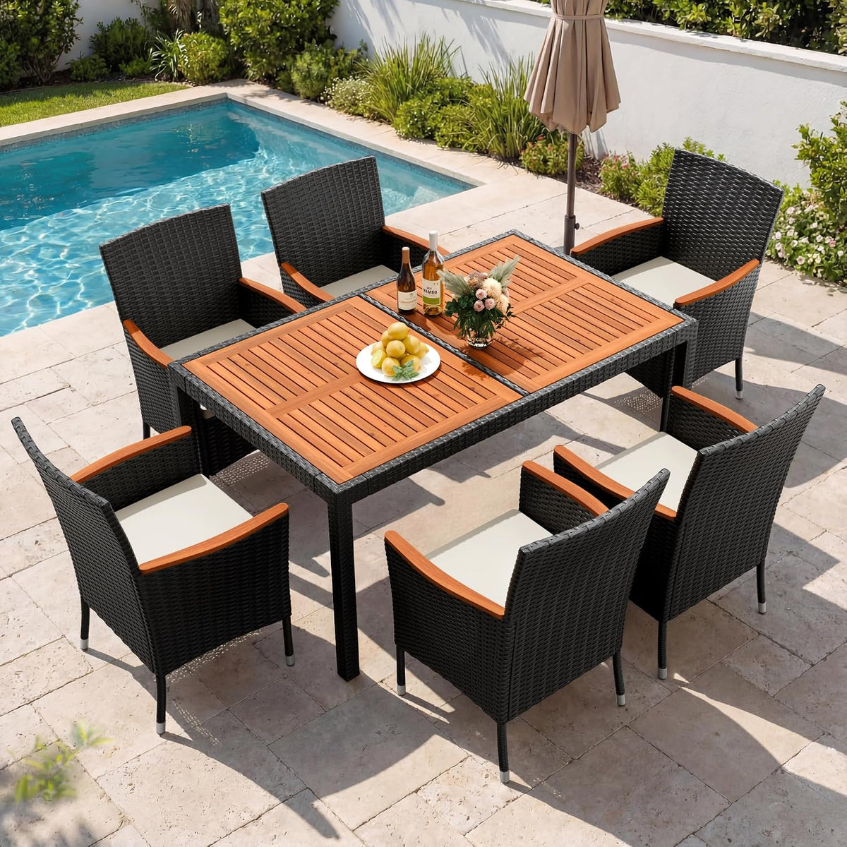 Black Rattan 7‑Piece Acacia Dining Set for 6