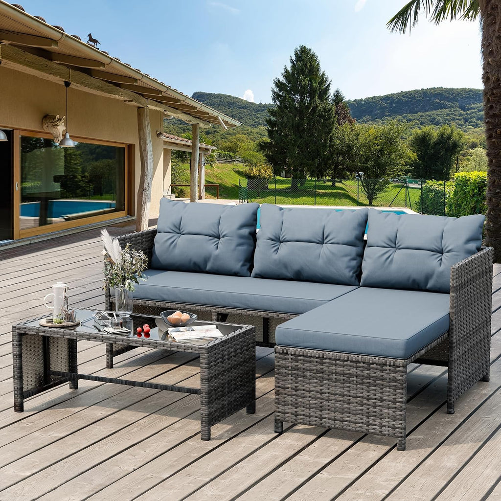 Blue‑Gray 3‑Piece Wicker Patio Set