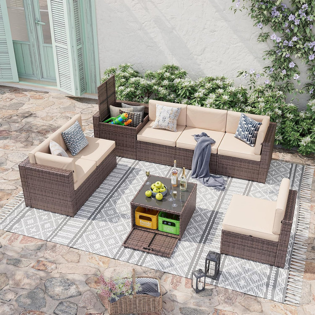 Brown/Khaki 8‑Piece Wicker Patio Set