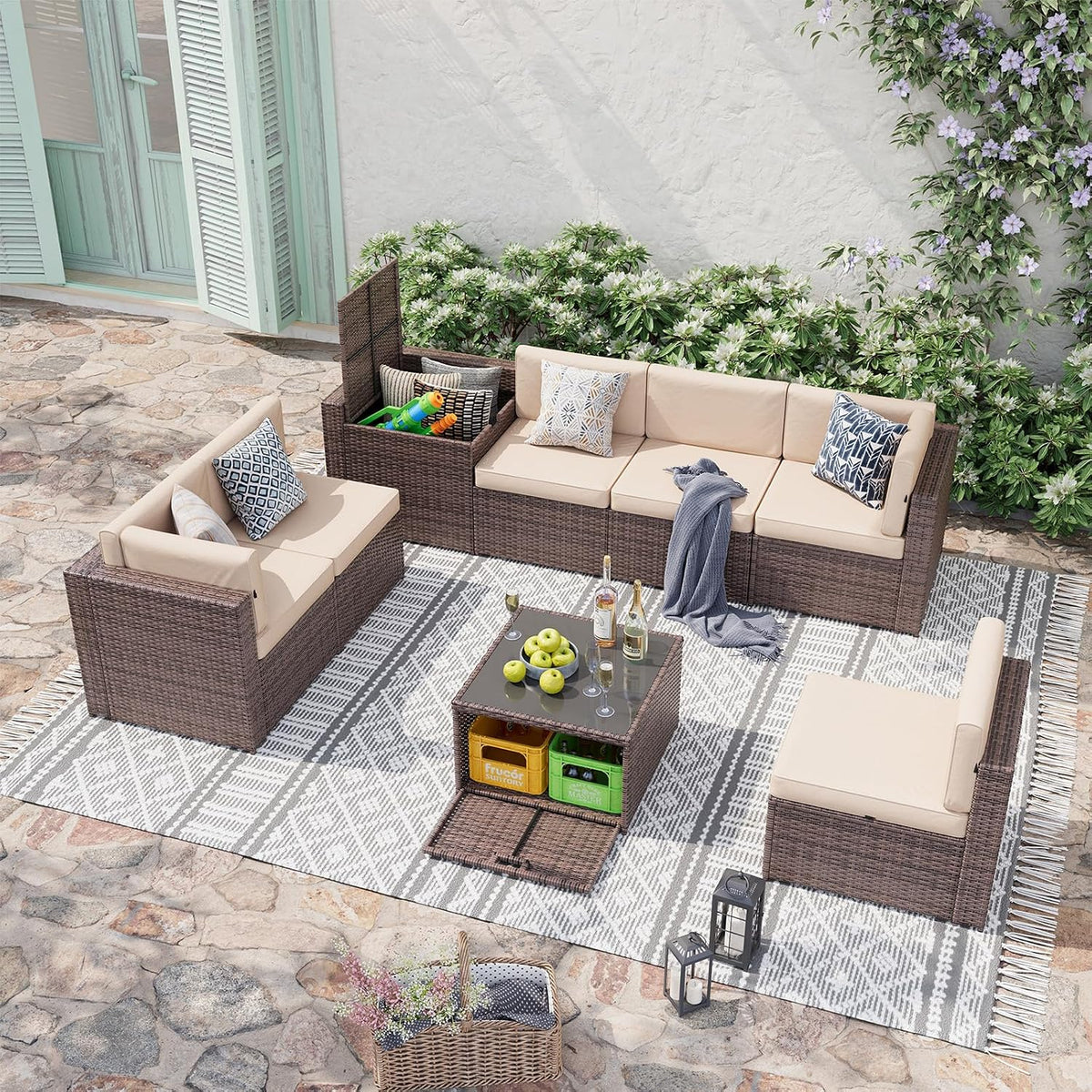 Brown/Khaki 8‑Piece Wicker Patio Set