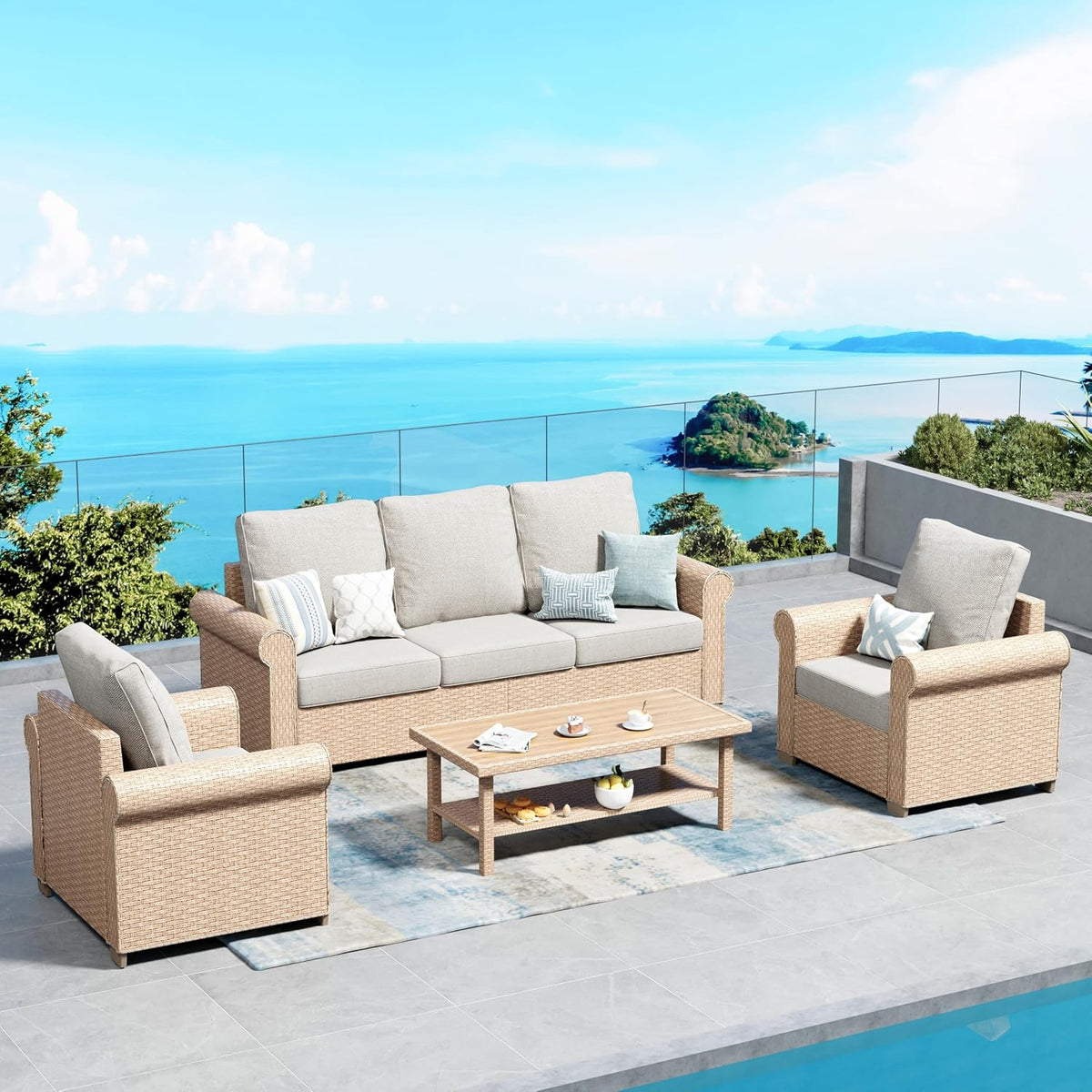 Beige 4‑Piece Wicker Patio Set