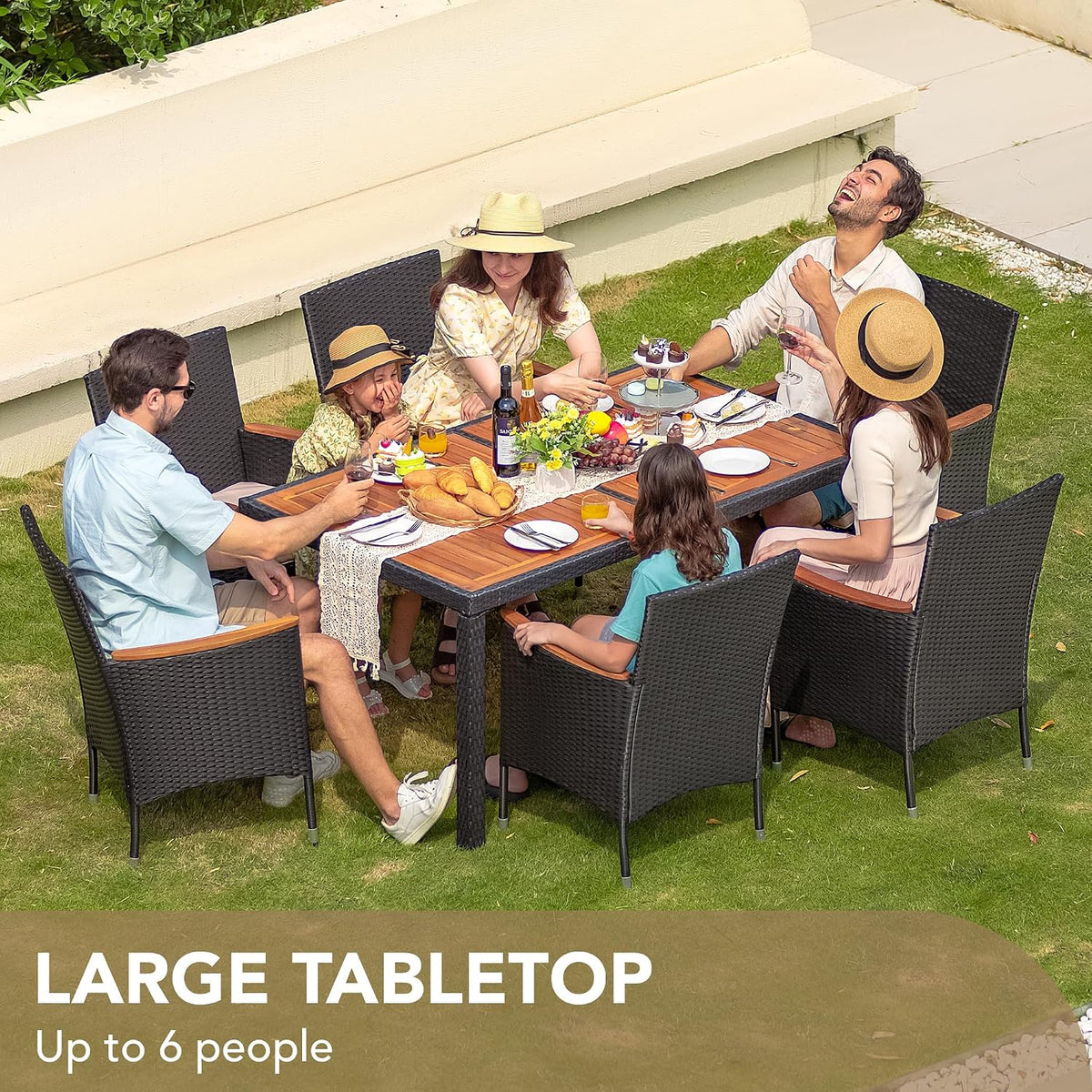 Black Rattan 7‑Piece Acacia Dining Set for 6