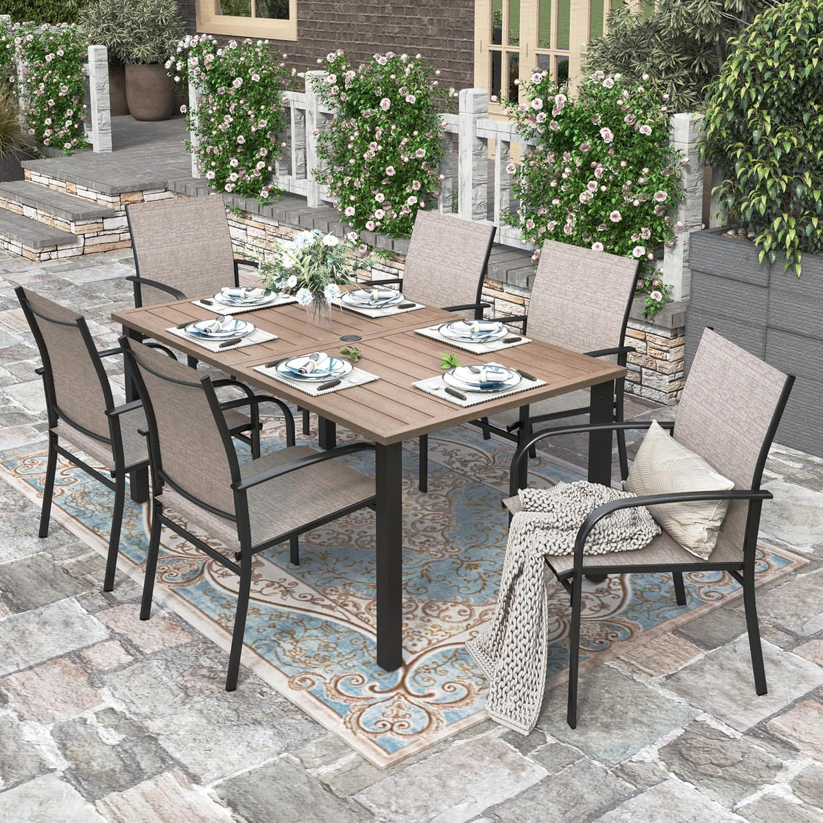 7‑Piece Wood‑Like Metal Patio Dining Set